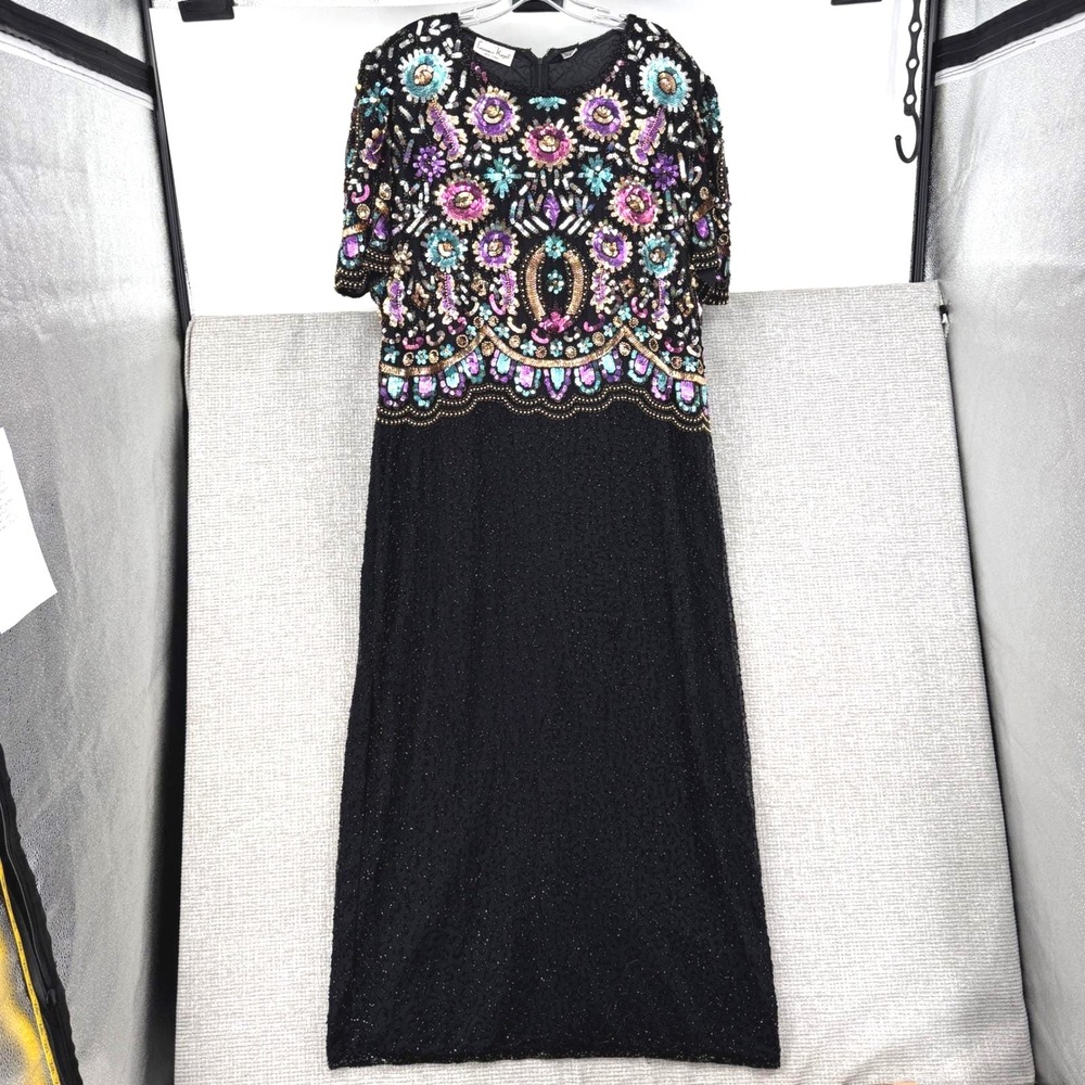 Vintage Laurence Kazar Sequin Beaded Gown Women 3X Silk Floral Formal Velvet